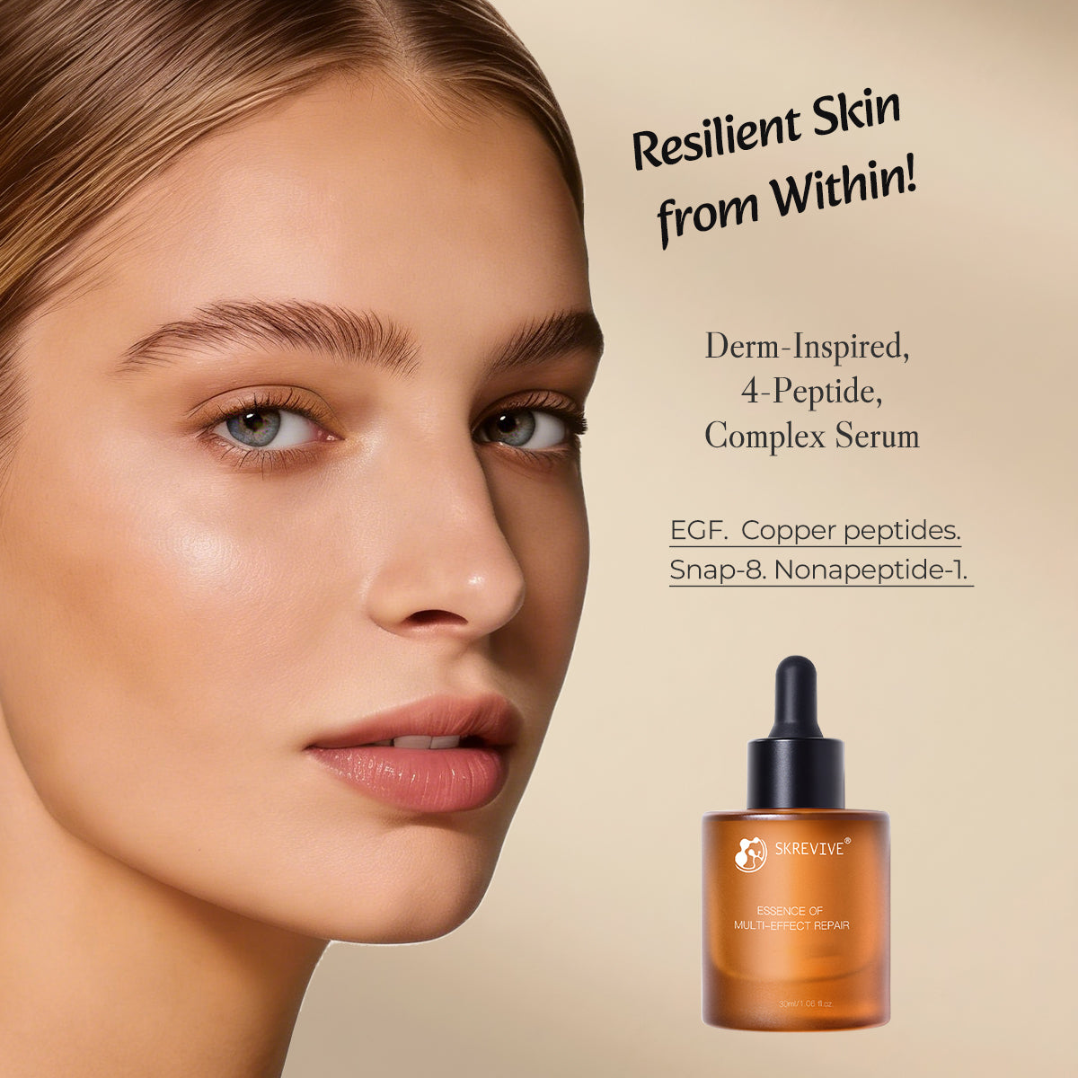 Skrevive Multi-Effect Repair Serum, EGF Peptide Serum with Copper Peptides & Snap-8 | 4-Peptide Complex to Boost Collagen & Elastin, Firm & Lift Skin, Smooth Fine Lines, Reduce Wrinkles, Rejuvenate, Brighten, Anti-Aging Face Serum. 30ml/1.01 fl.oz