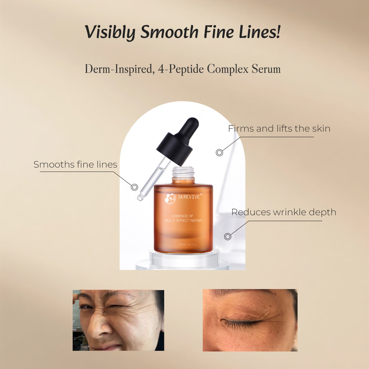 Skrevive Multi-Effect Repair Serum, EGF Peptide Serum with Copper Peptides & Snap-8 | 4-Peptide Complex to Boost Collagen & Elastin, Firm & Lift Skin, Smooth Fine Lines, Reduce Wrinkles, Rejuvenate, Brighten, Anti-Aging Face Serum. 30ml/1.01 fl.oz