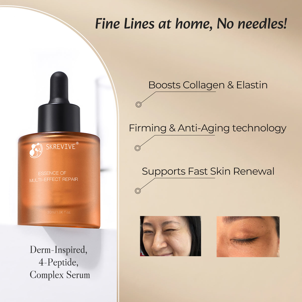 Skrevive Multi-Effect Repair Serum, EGF Peptide Serum with Copper Peptides & Snap-8 | 4-Peptide Complex to Boost Collagen & Elastin, Firm & Lift Skin, Smooth Fine Lines, Reduce Wrinkles, Rejuvenate, Brighten, Anti-Aging Face Serum. 30ml/1.01 fl.oz