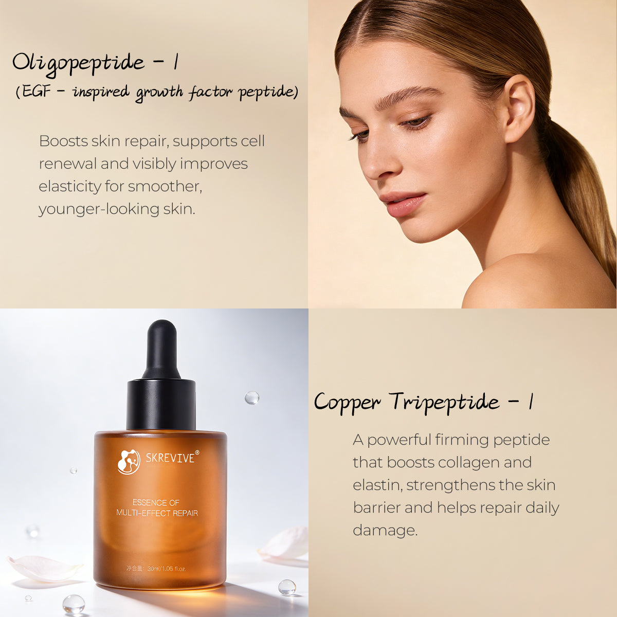 Skrevive Multi-Effect Repair Serum, EGF Peptide Serum with Copper Peptides & Snap-8 | 4-Peptide Complex to Boost Collagen & Elastin, Firm & Lift Skin, Smooth Fine Lines, Reduce Wrinkles, Rejuvenate, Brighten, Anti-Aging Face Serum. 30ml/1.01 fl.oz